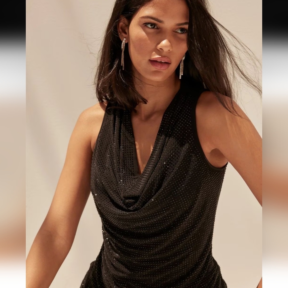 WHBM | Sleeveless Rhinestone Drape Neck Top